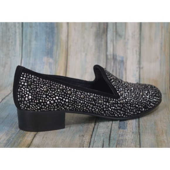 Stuart Weitzman Slipbeads Studded Smoking Flats Size 7 Black Suede Designer - Picture 6 of 10